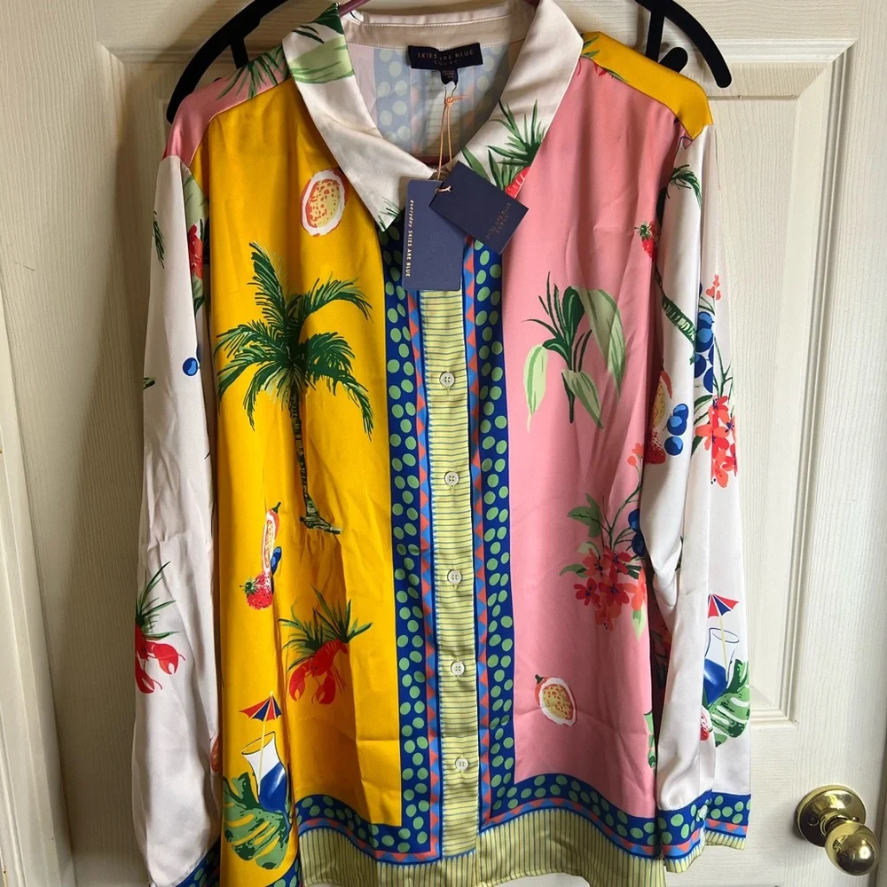 Skies are Blue Curvy printed long sleeves resort silky size 2X - Picture 7 of 10